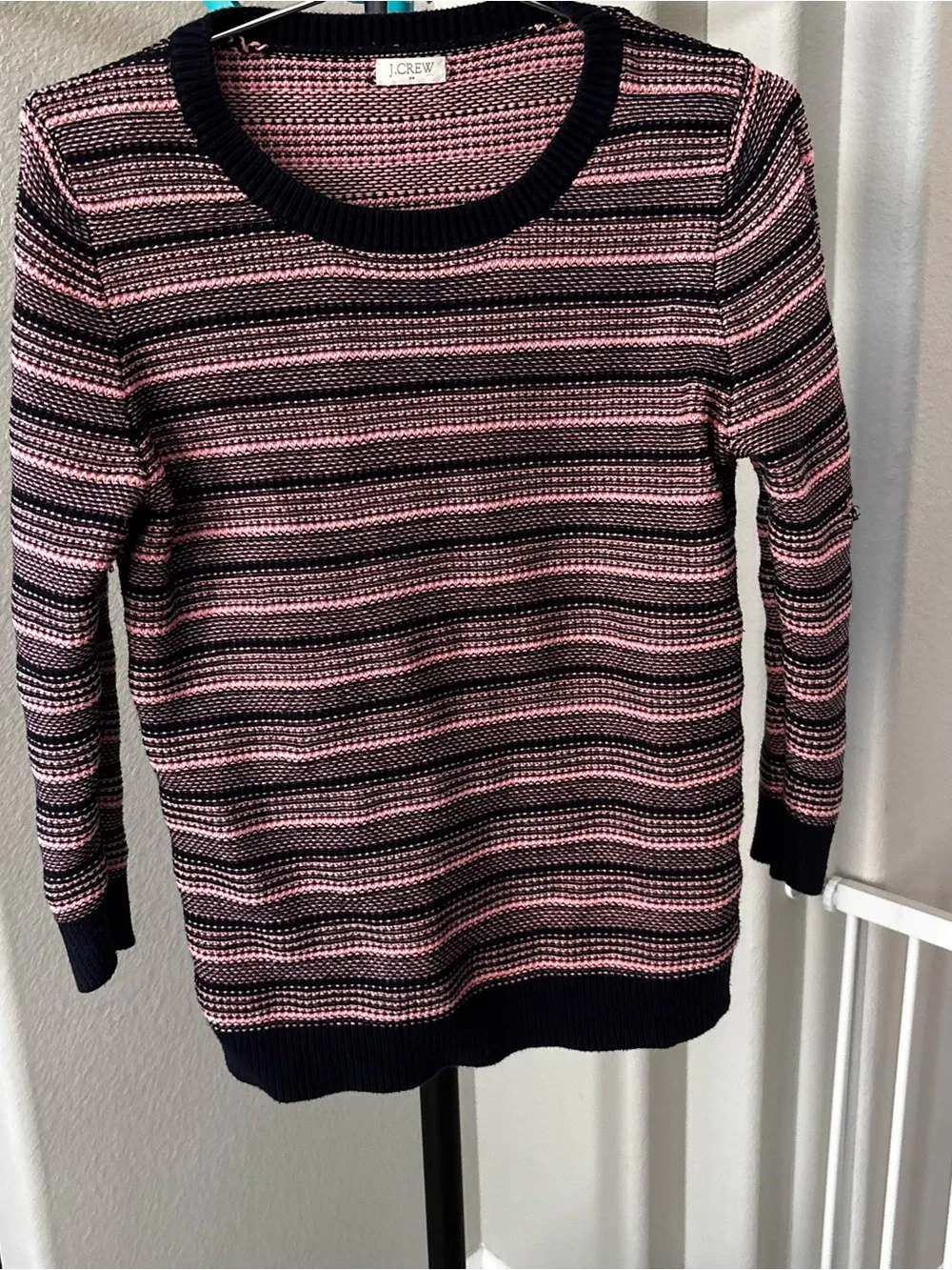 J. Crew Navy and Pink Striped Crewneck Sweater